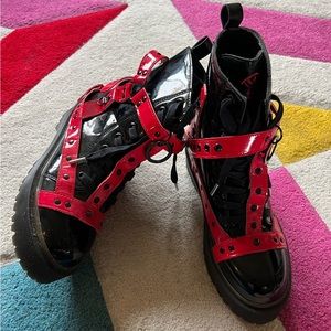 YRU x STRANGECVLT Red and Black Goth Boot Patent Sz. 9